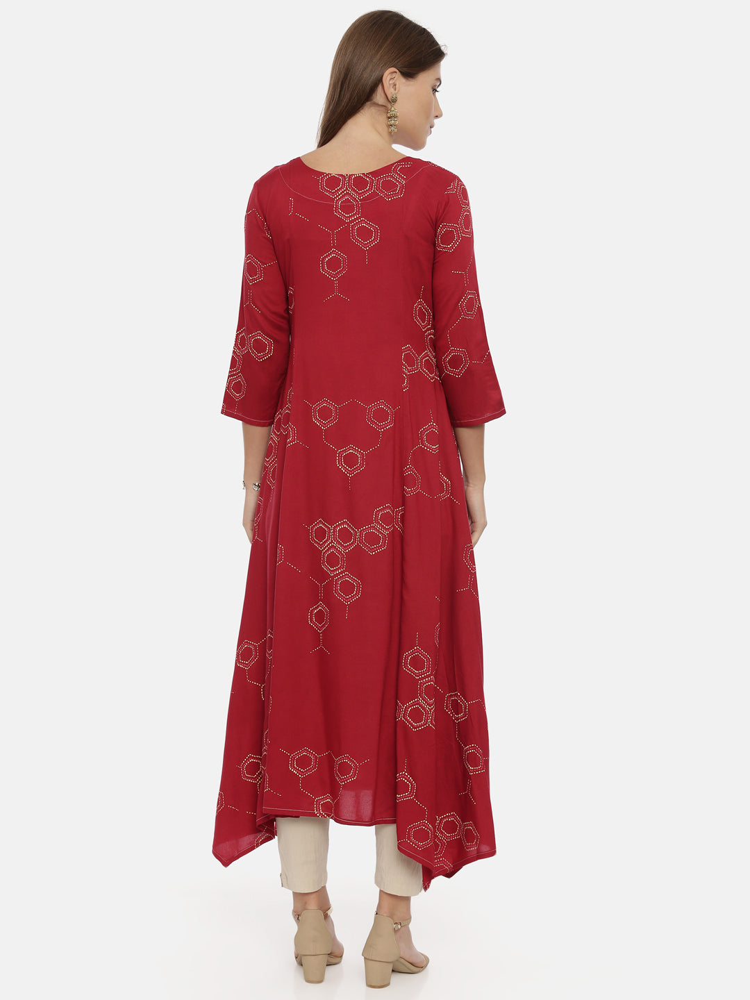 Neerus Maroon cotton printed anarkali kurta - detail view 2