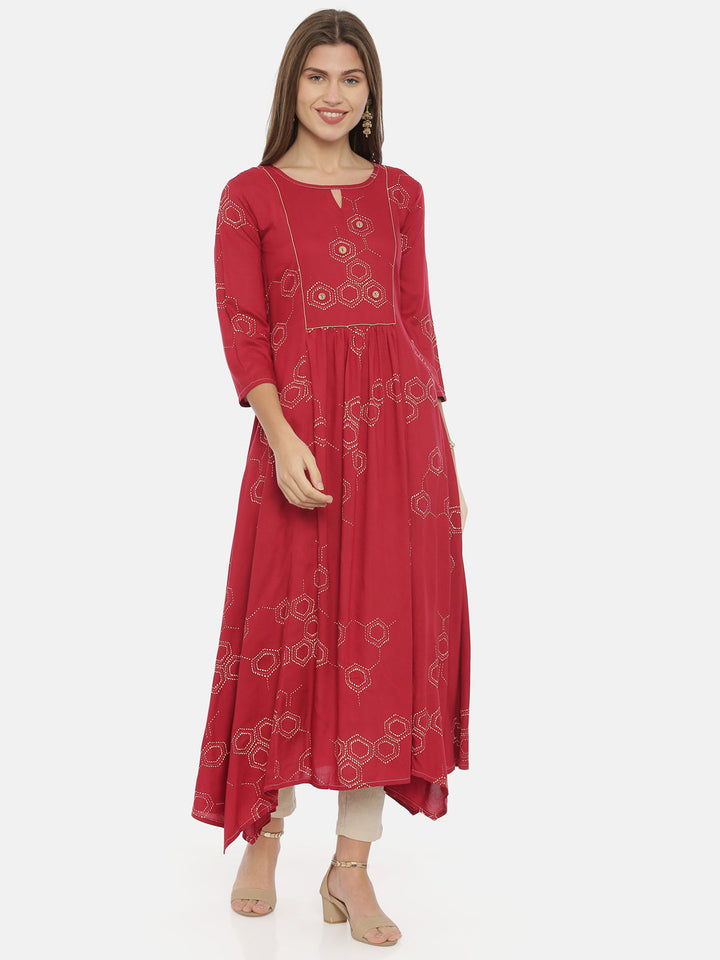 Neerus Maroon cotton printed anarkali kurta - detail view 3