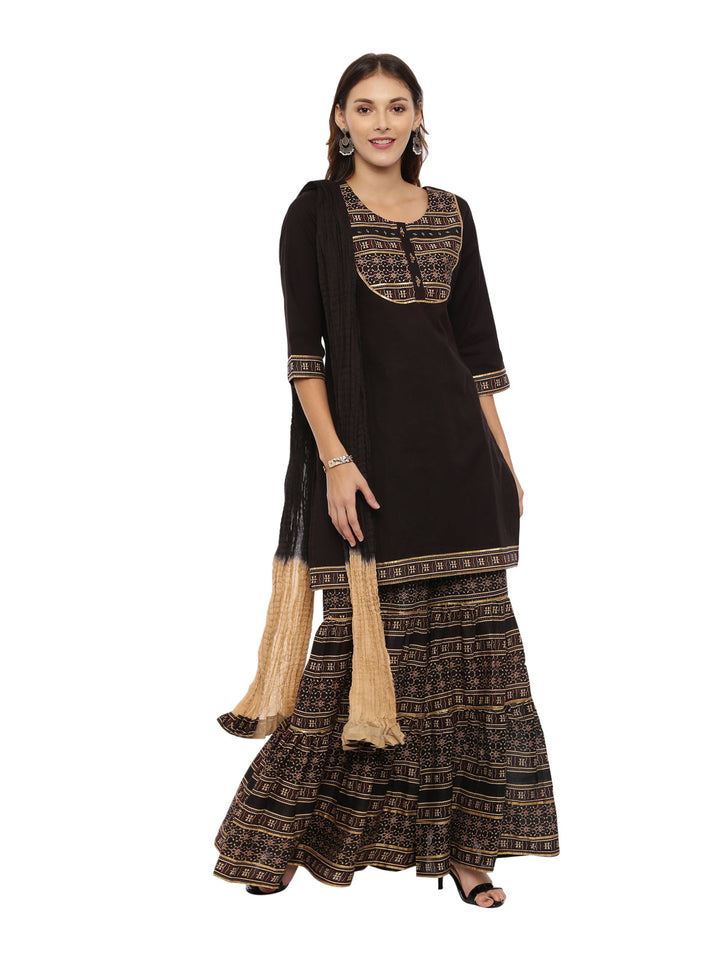 Neerus Brown georgette printed sharara set - front view