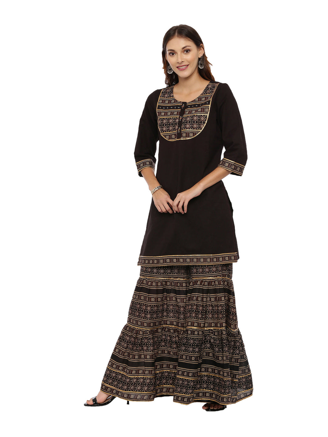 Neerus Brown georgette printed sharara set - detail view 2