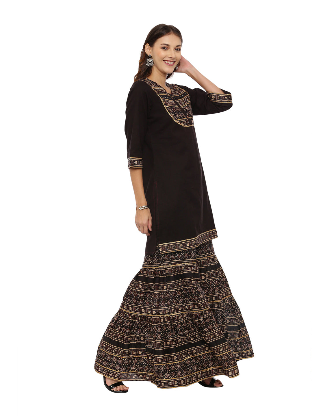 Neerus Brown georgette printed sharara set - side view