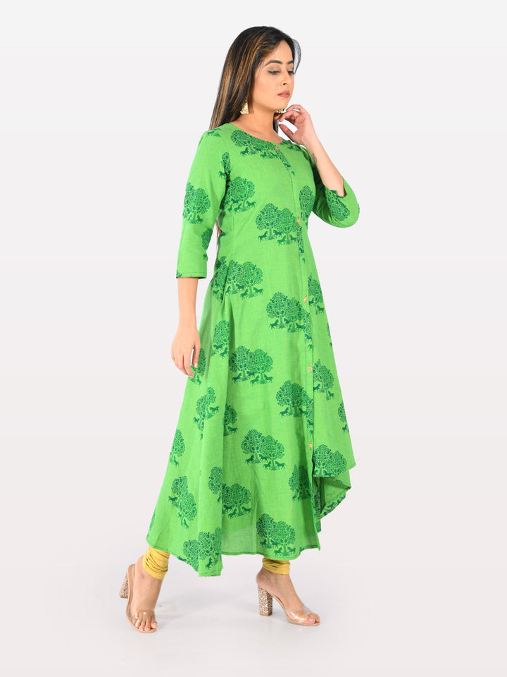 Neerus Green cotton printed high-low kurta - back view