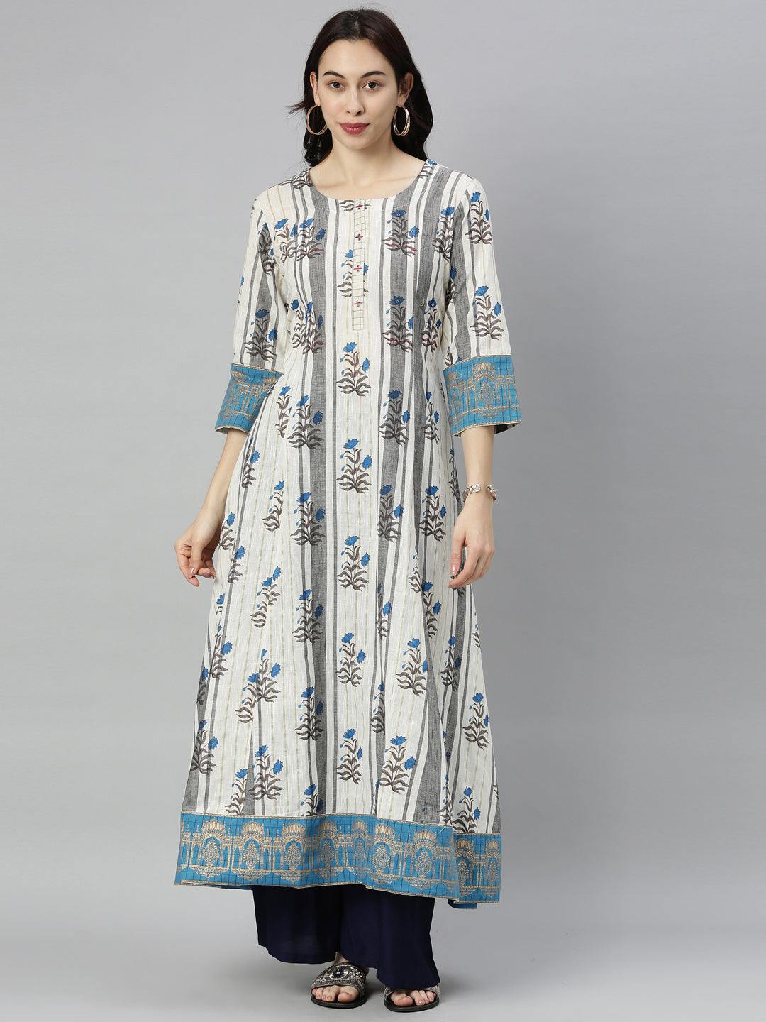 Neerus Grey embroidered flared kurta - front view