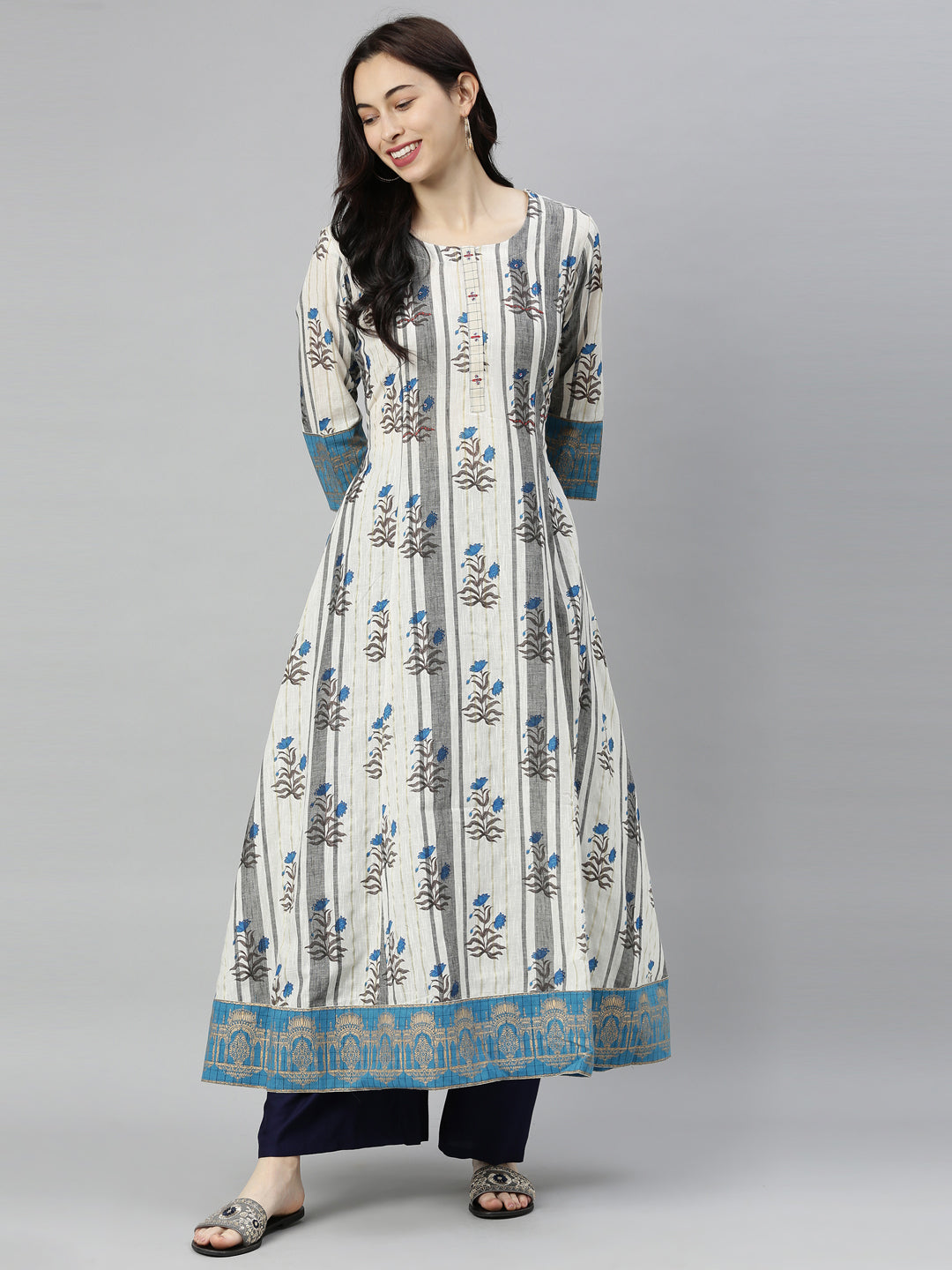 Neerus Grey embroidered flared kurta - detail view 5