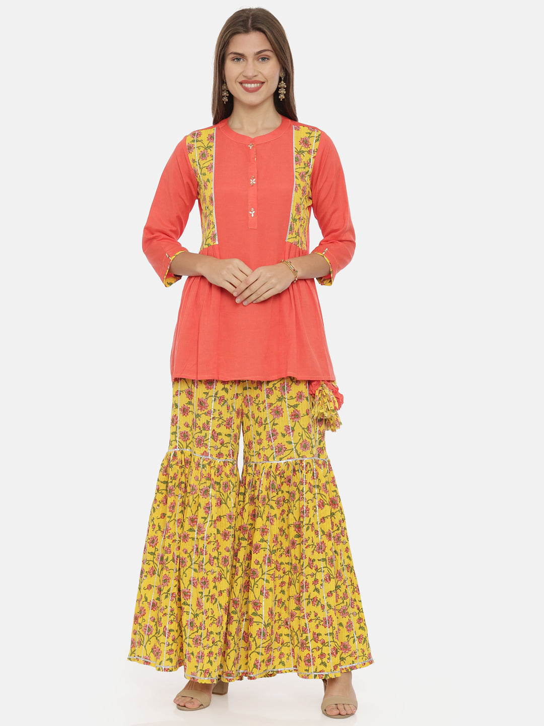 Neerus Pink cotton printed flared kurti with sharara - detail view 5