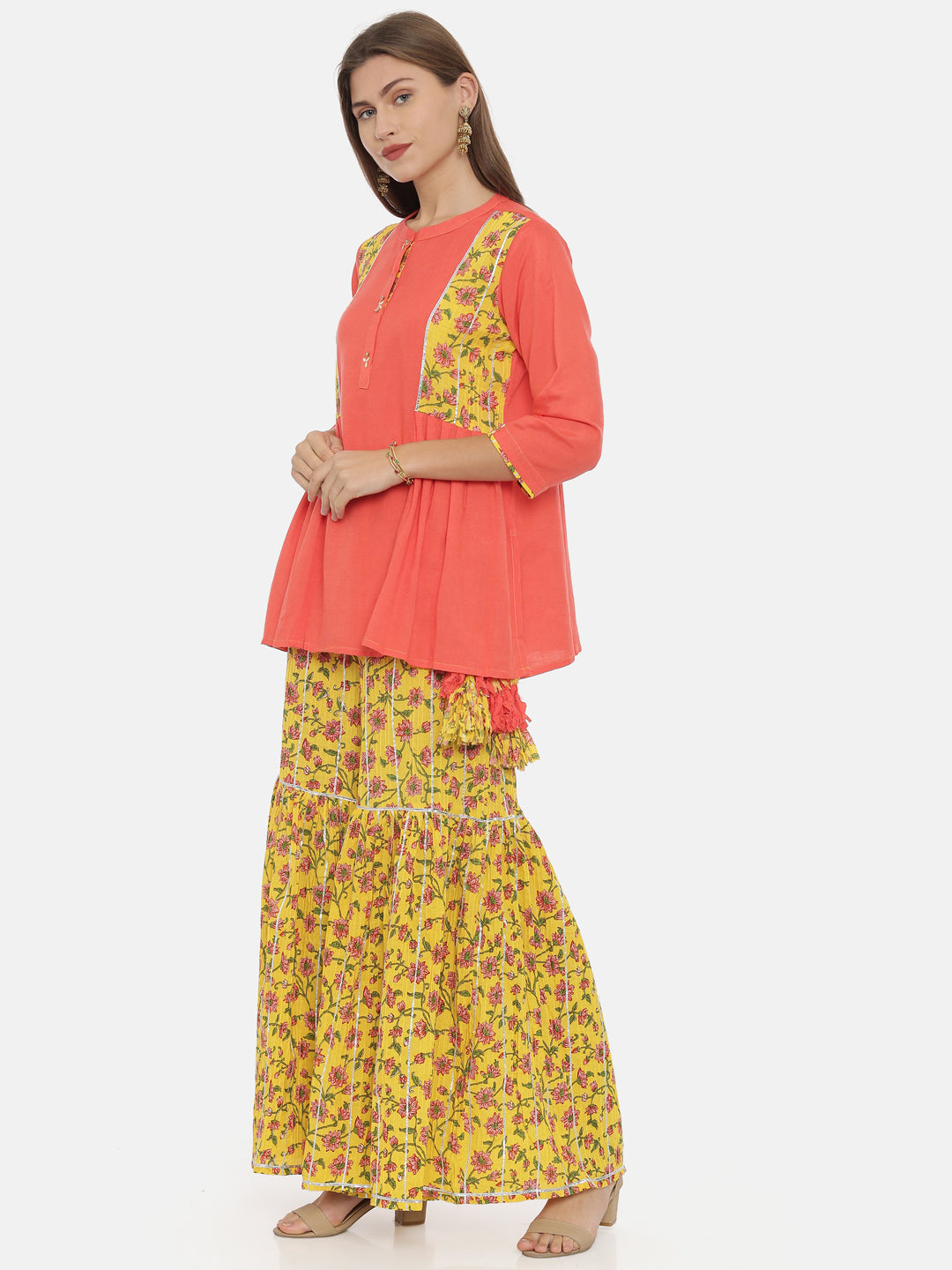 Neerus Pink cotton printed flared kurti with sharara - side view