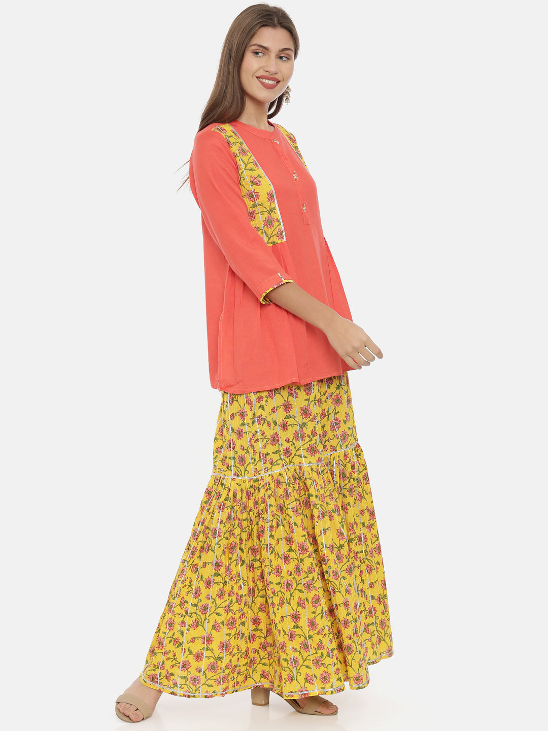 Neerus Pink cotton printed flared kurti with sharara - detail view 1