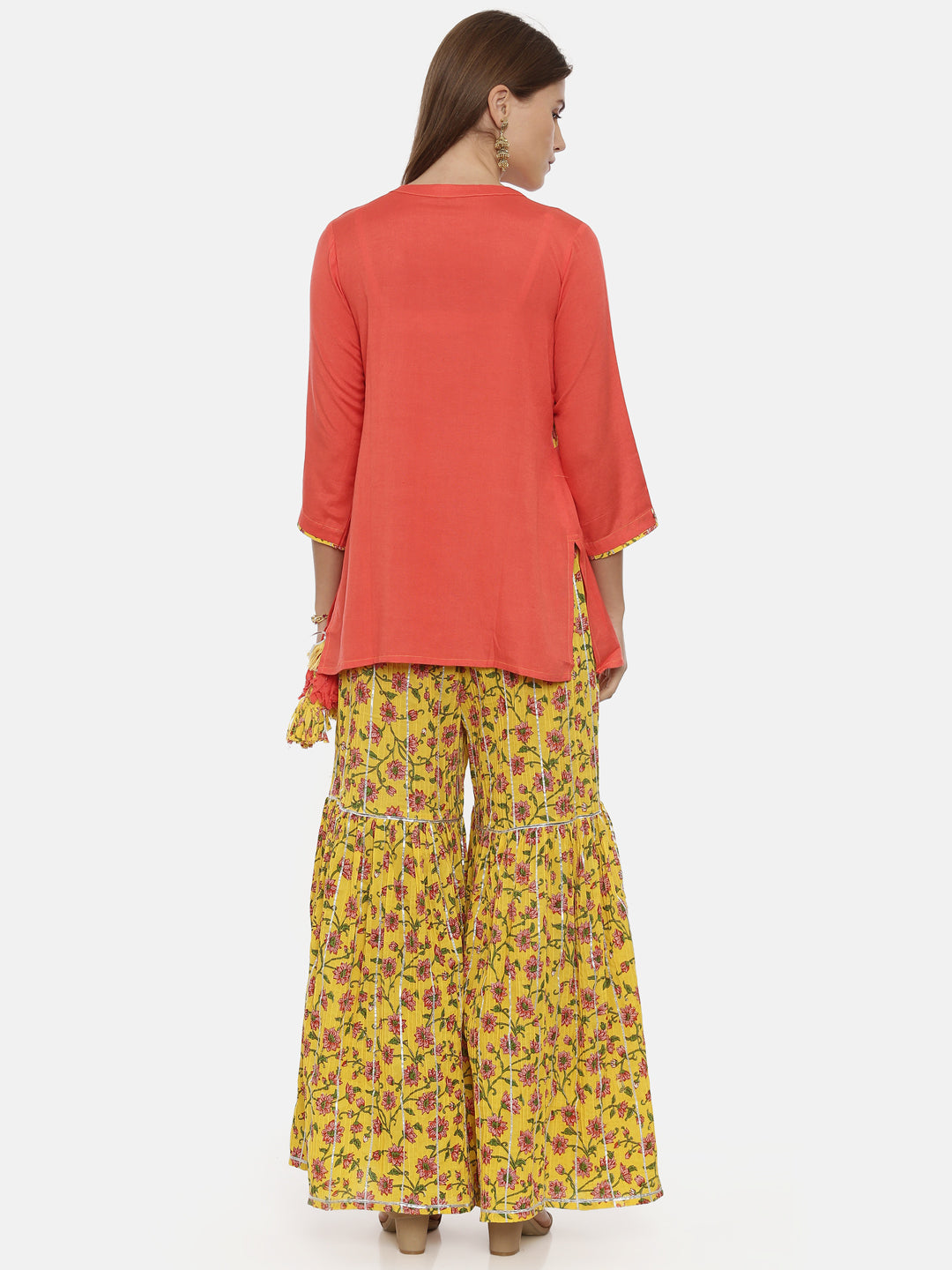Neerus Pink cotton printed flared kurti with sharara - detail view 2