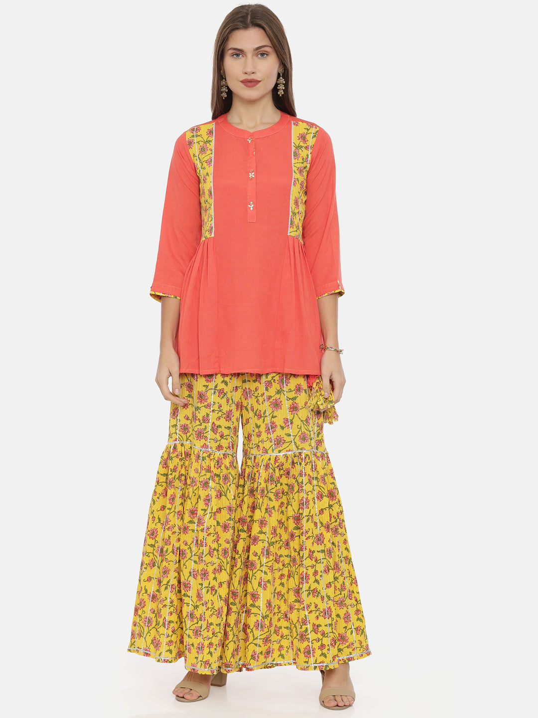 Neerus Pink cotton printed flared kurti with sharara - detail view 3
