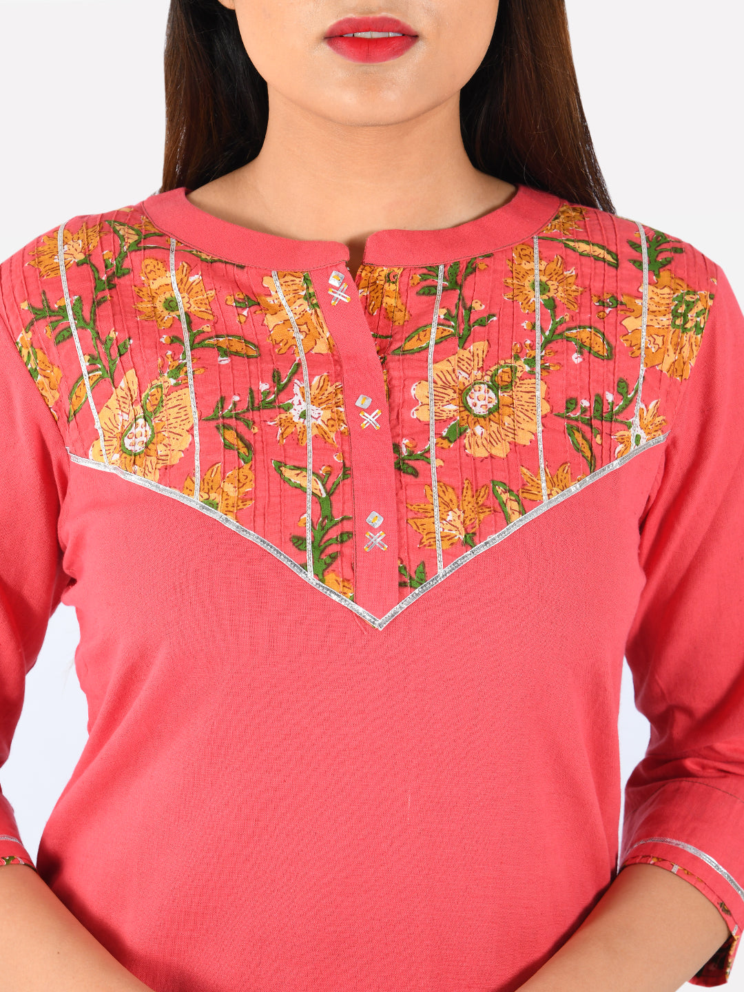 Neerus Pink cotton printed straight kurta - detail view 1