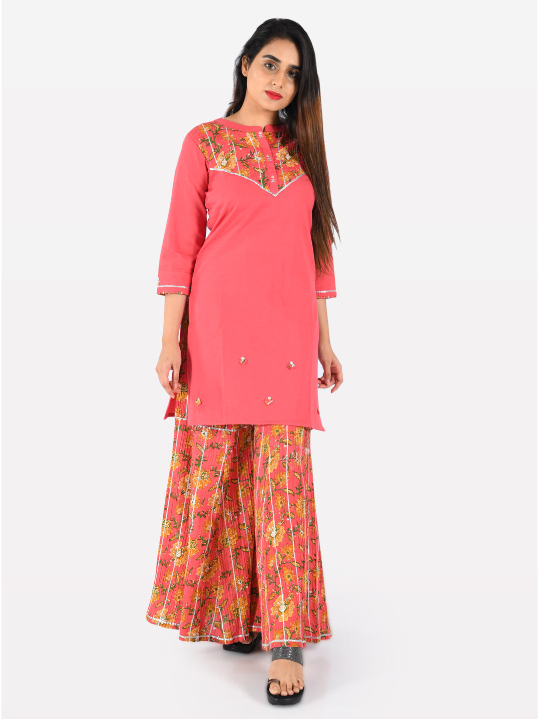 Neerus Pink cotton printed straight kurta - front view