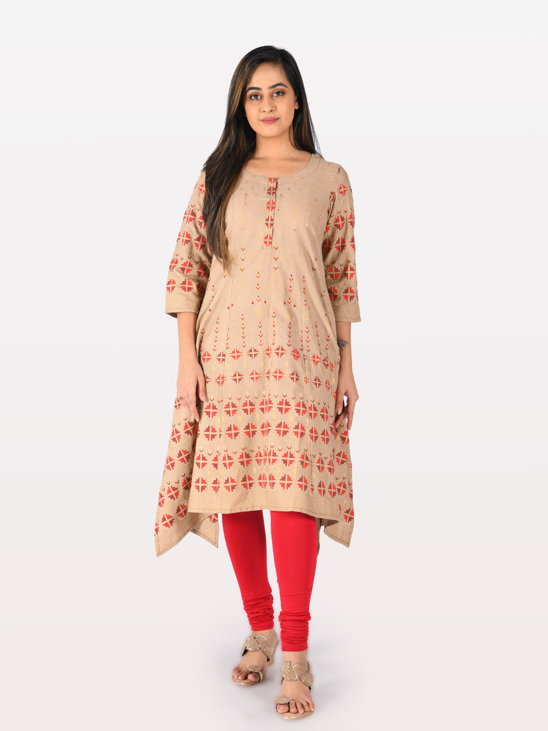 Neerus Beige cotton printed high-low kurta - detail view 2