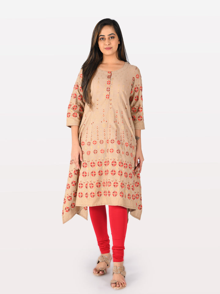 Neerus Beige cotton printed high-low kurta - detail view 2