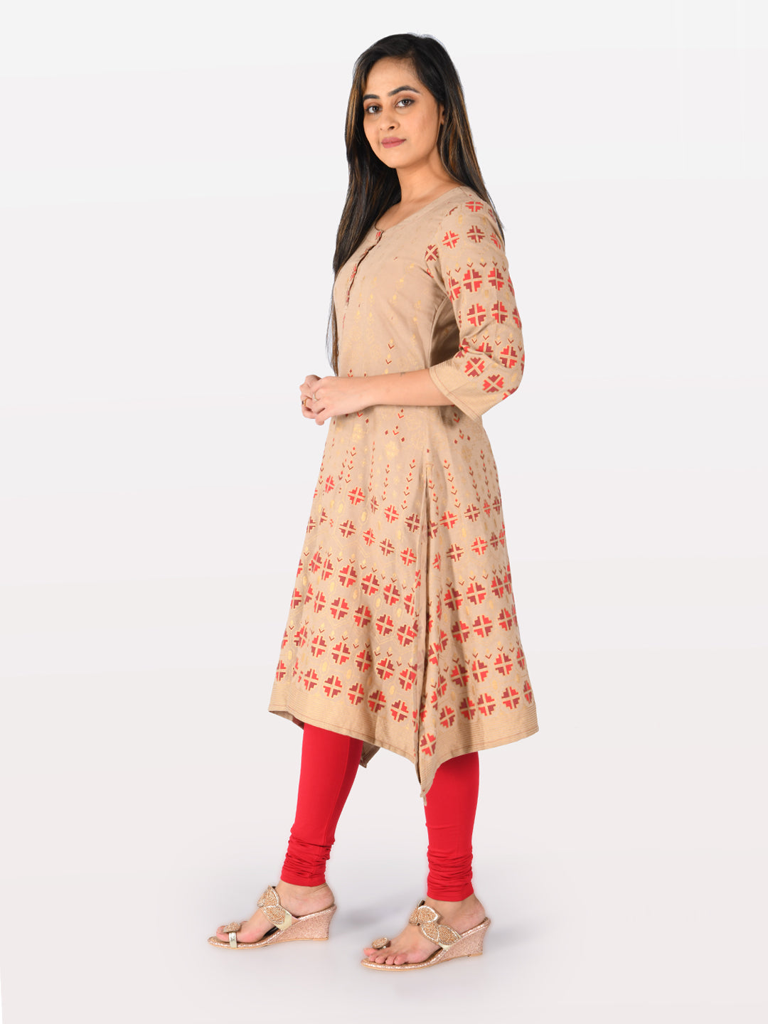 Neerus Beige cotton printed high-low kurta - front view