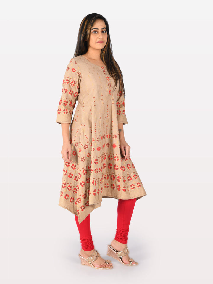 Neerus Beige cotton printed high-low kurta - back view