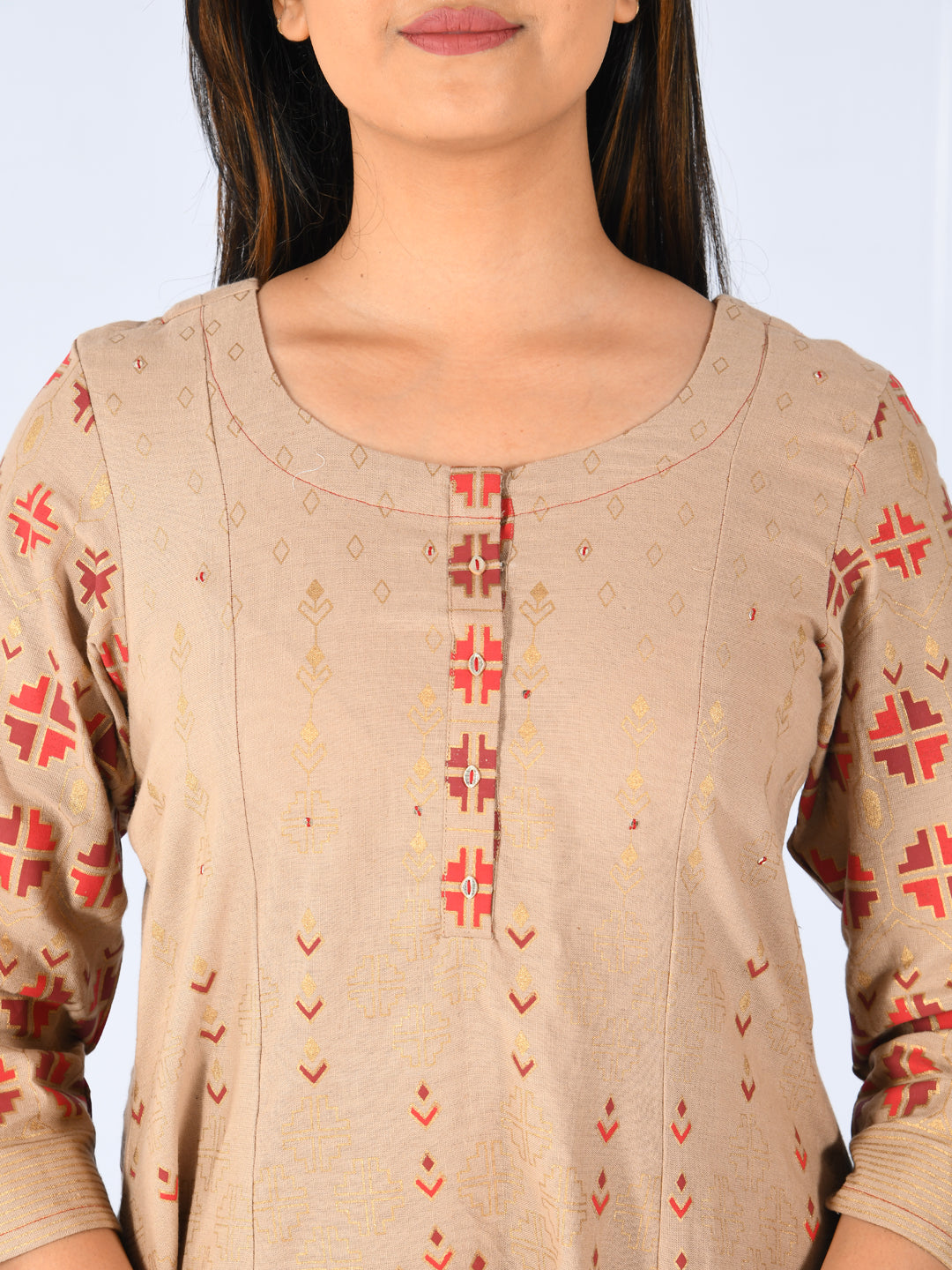 Neerus Beige cotton printed high-low kurta - detail view 1
