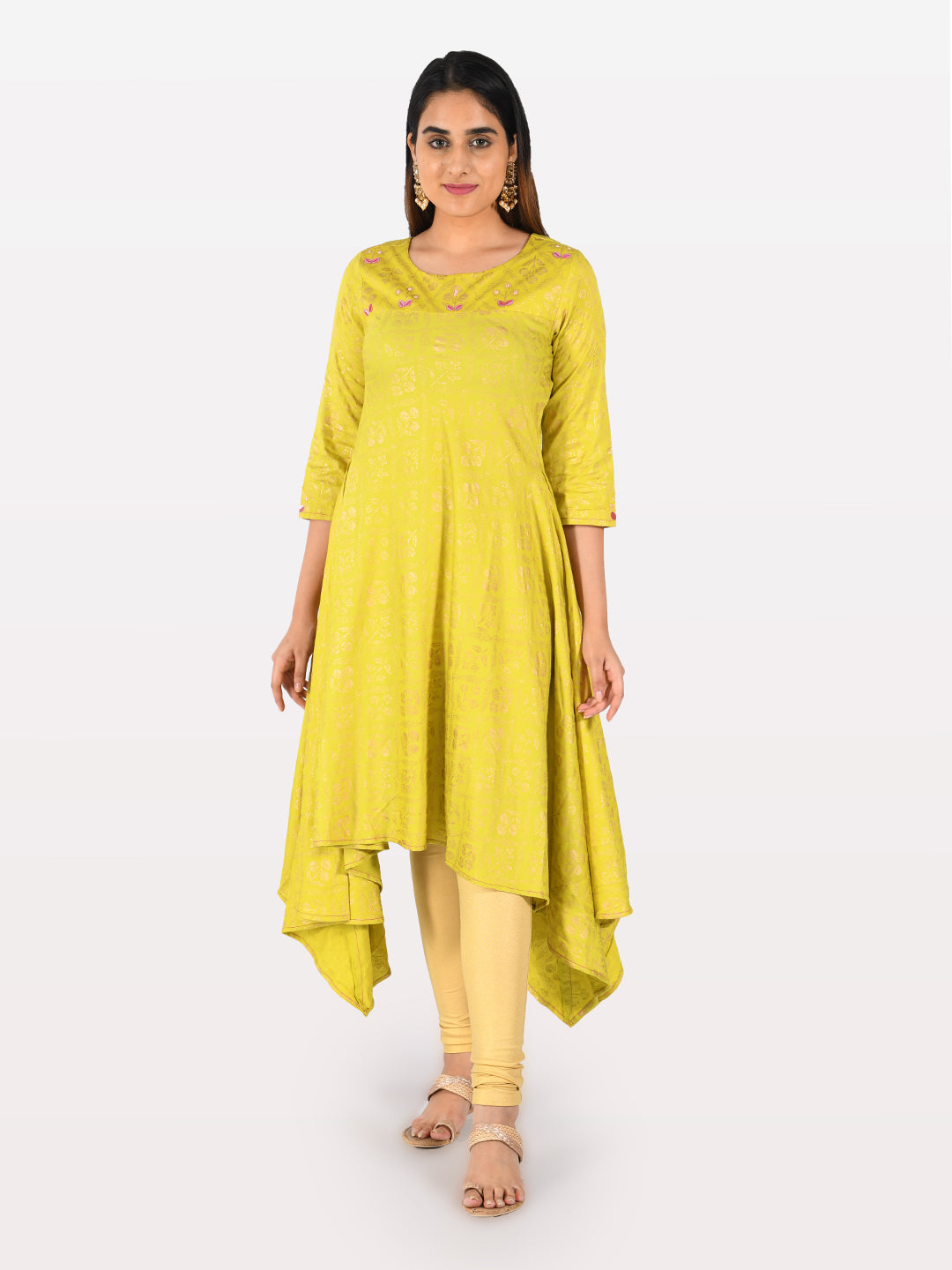 Neerus Green cotton printed high-low kurti - detail view 4