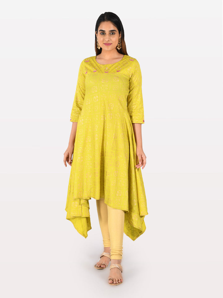 Neerus Green cotton printed high-low kurti - detail view 4