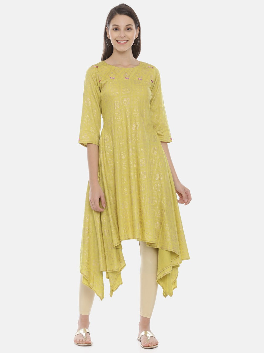 Neerus Green cotton printed high-low kurti - front view