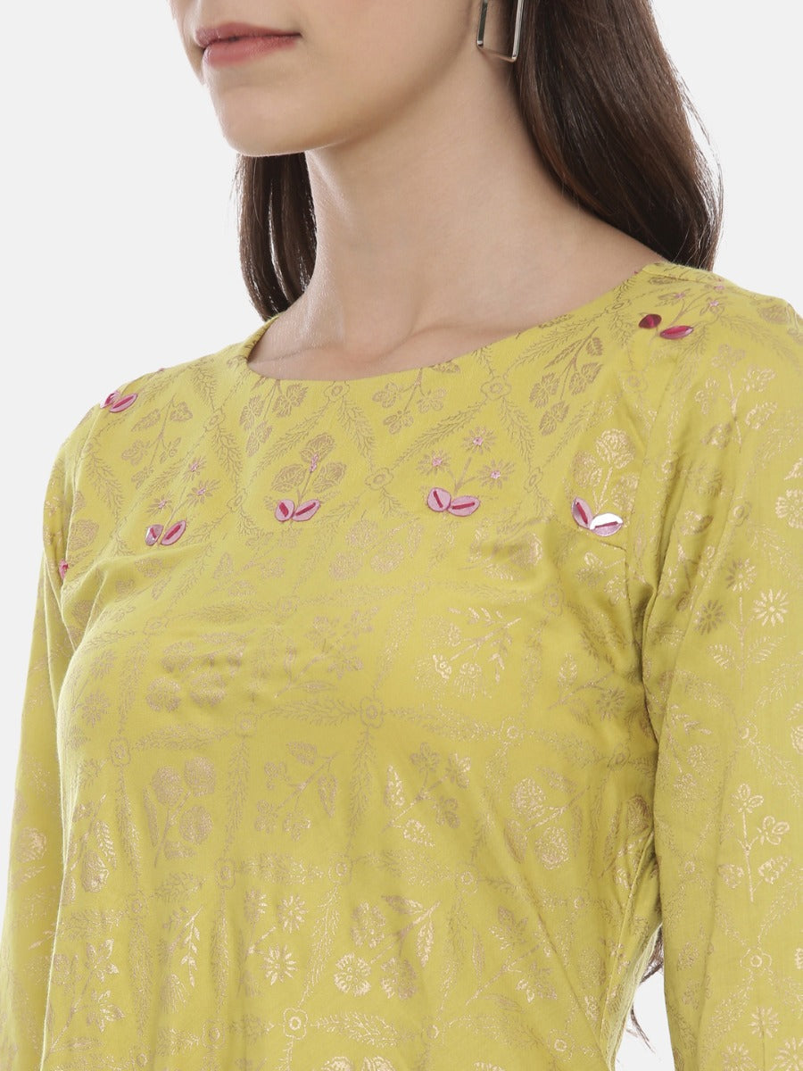 Neerus Green cotton printed high-low kurti - back view