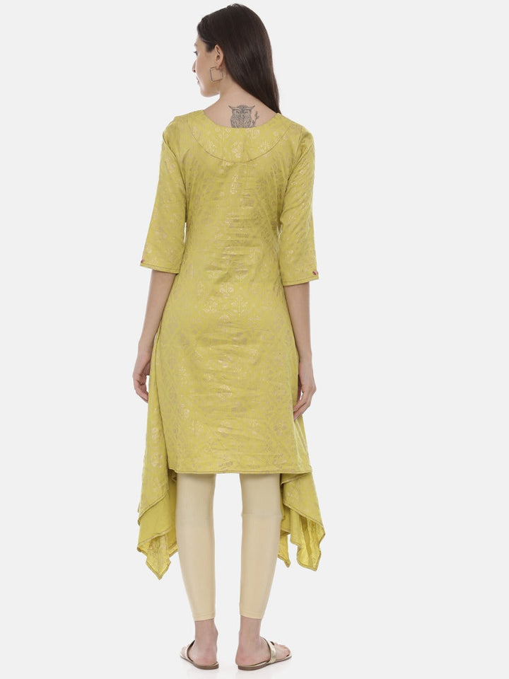 Neerus Green cotton printed high-low kurti - detail view 2