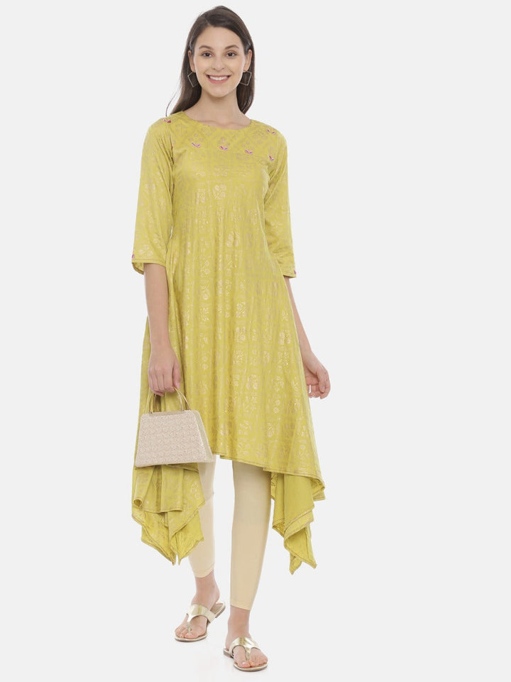 Neerus Green cotton printed high-low kurti - detail view 3