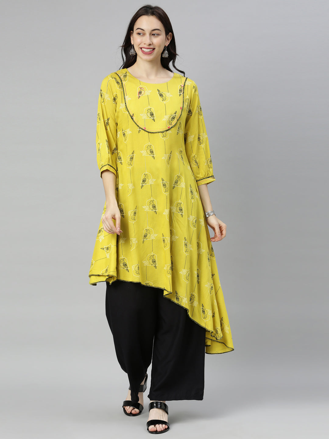 Neerus Green viscose rayon printed high-low kurti - front view