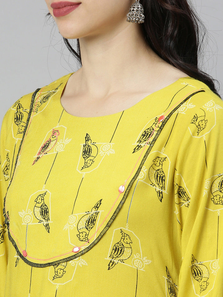 Neerus Green viscose rayon printed high-low kurti - back view