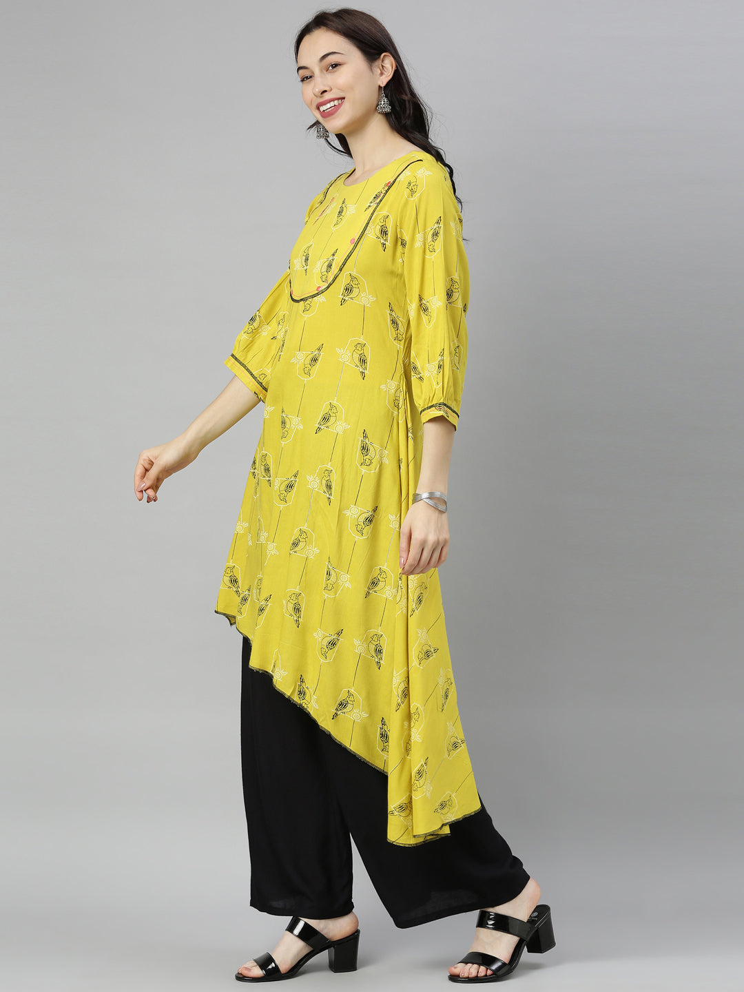 Neerus Green viscose rayon printed high-low kurti - detail view 2