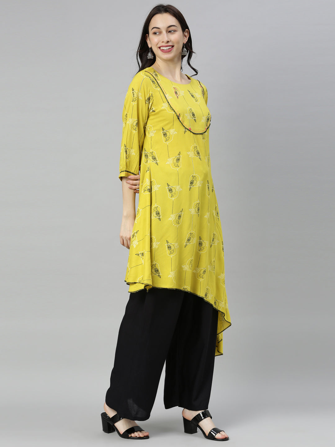 Neerus Green viscose rayon printed high-low kurti - detail view 3