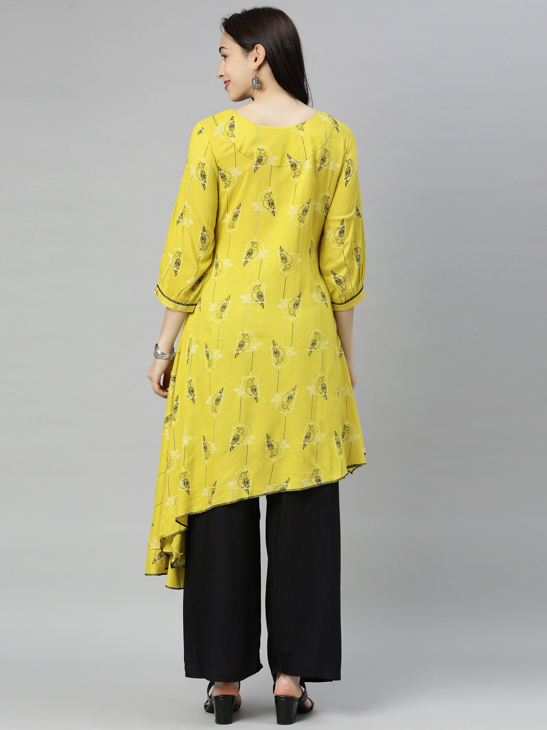 Neerus Green viscose rayon printed high-low kurti - detail view 4