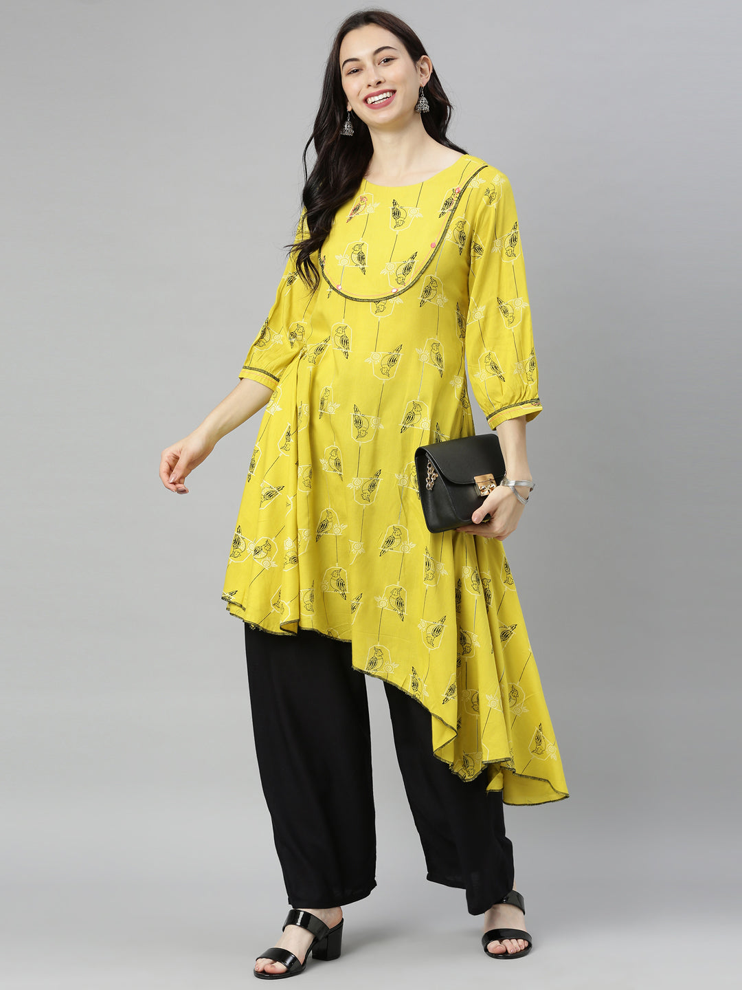 Neerus Green viscose rayon printed high-low kurti - detail view 5