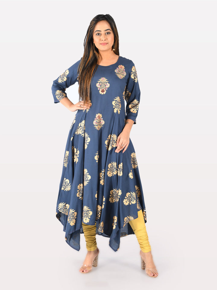 Neerus Blue cotton printed high-low kurta - front view