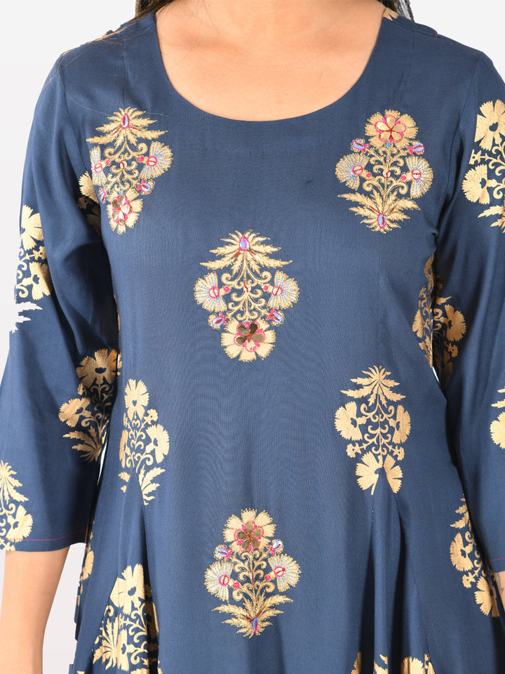 Neerus Blue cotton printed high-low kurta - back view