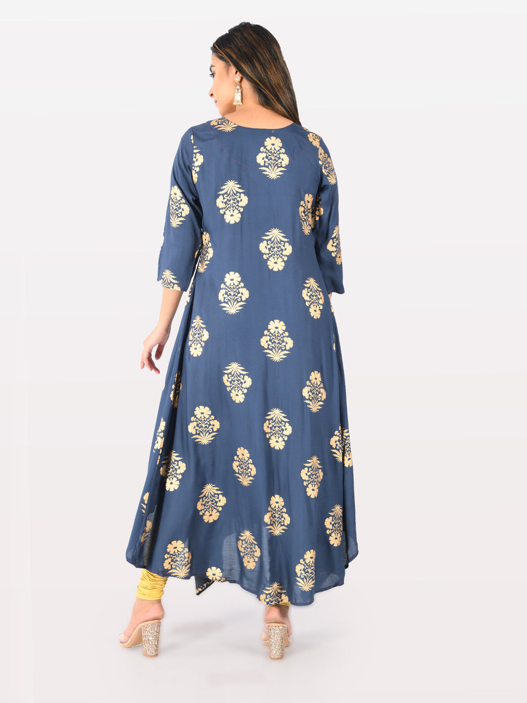Neerus Blue cotton printed high-low kurta - side view