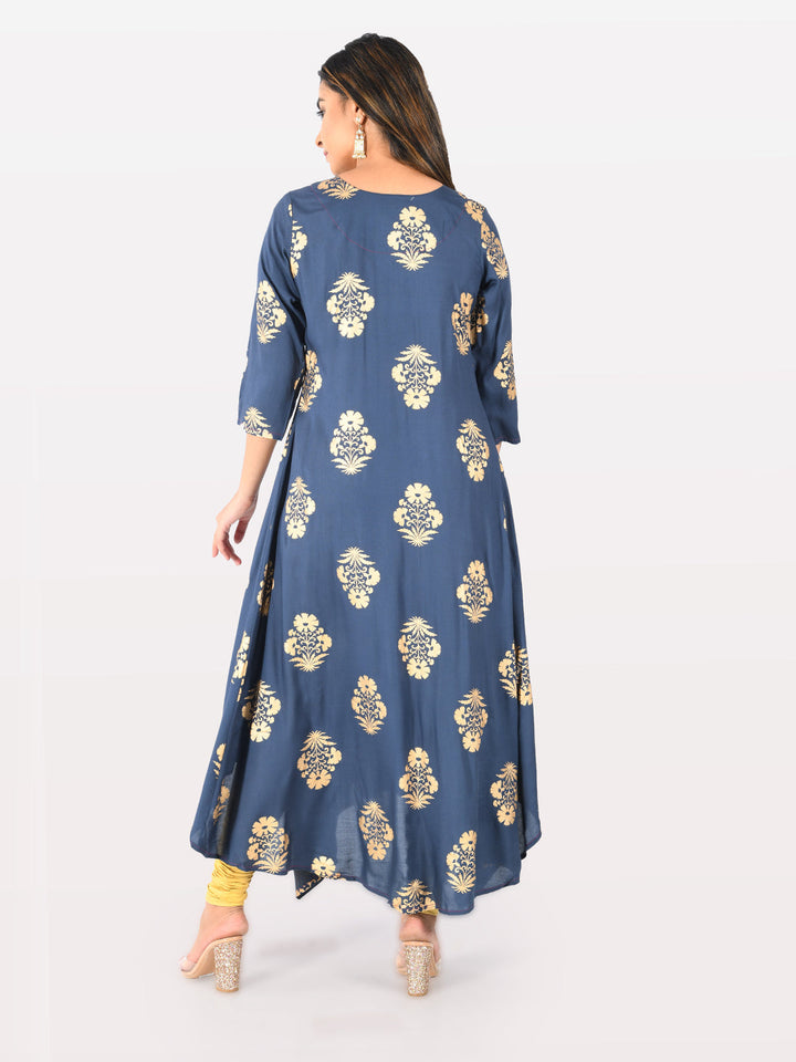 Neerus Blue cotton printed high-low kurta - side view