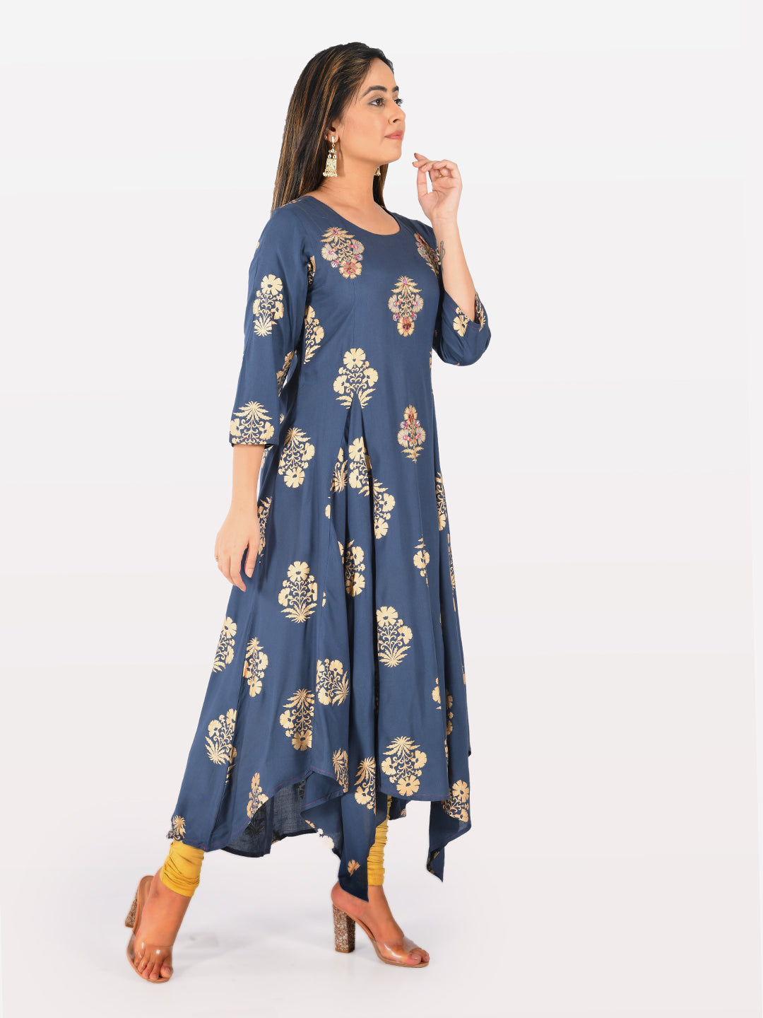 Neerus Blue cotton printed high-low kurta - detail view 1
