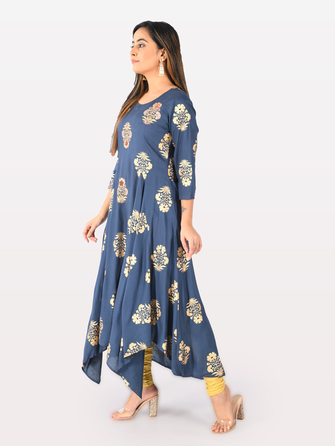 Neerus Blue cotton printed high-low kurta - detail view 2