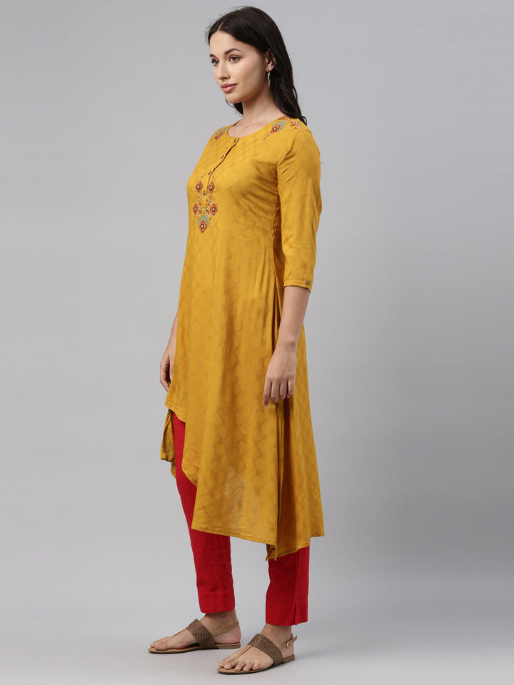 Neerus Yellow rayon solid kurti tunic - back view