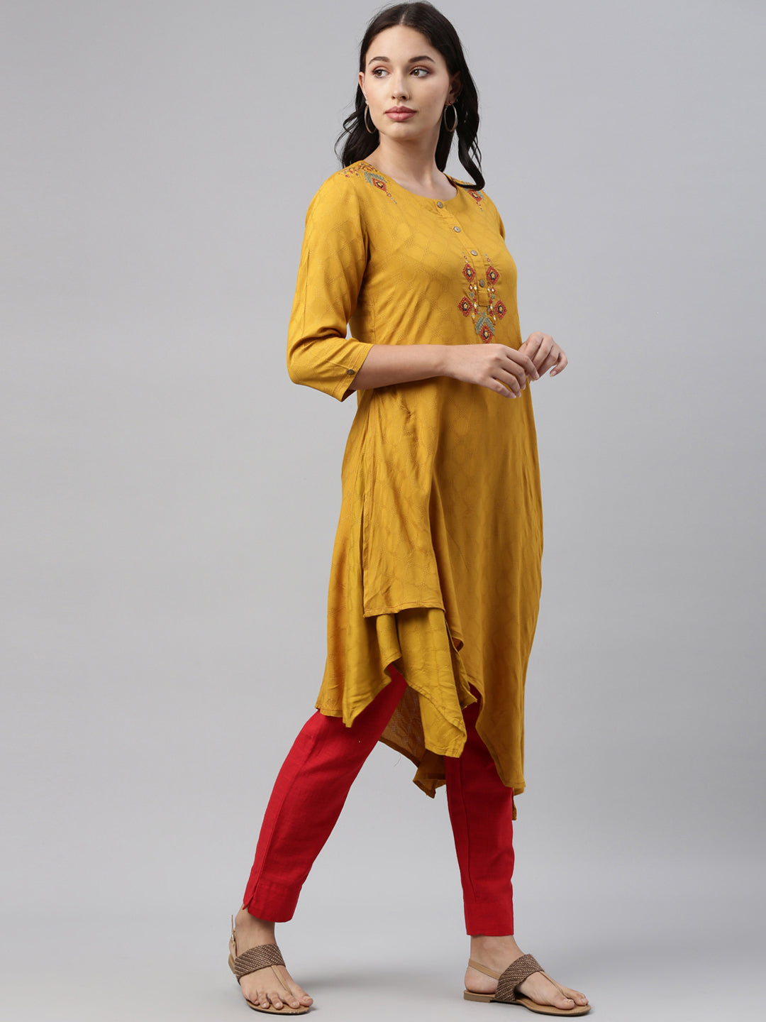 Neerus Yellow rayon solid kurti tunic - side view