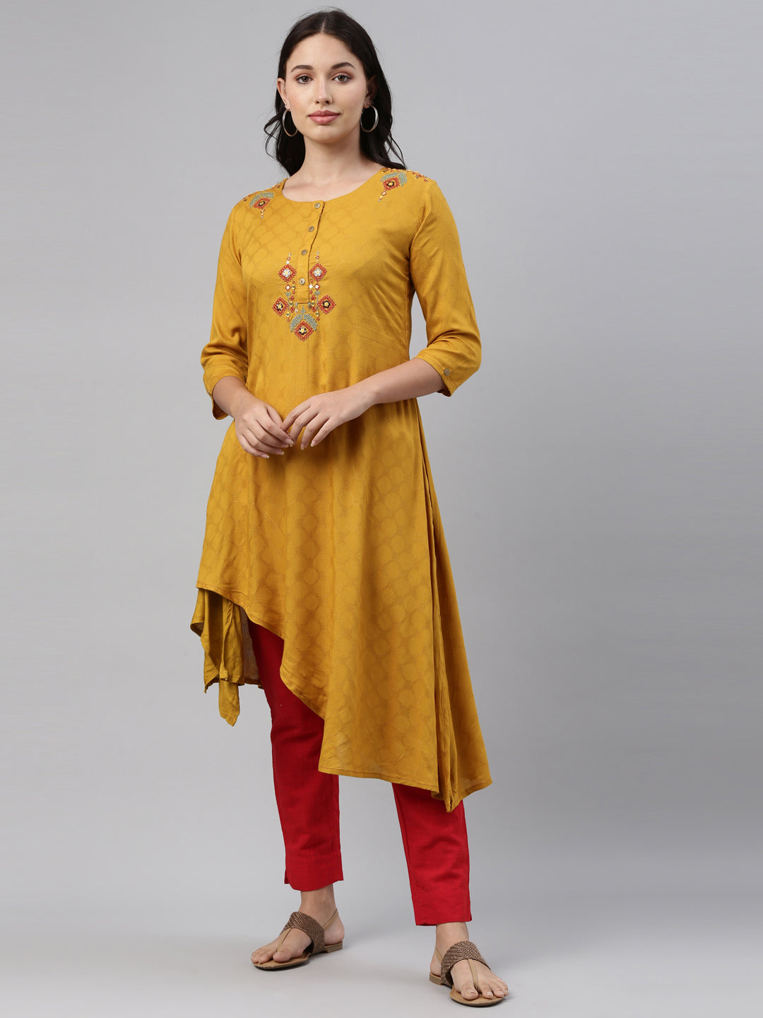 Neerus Yellow rayon solid kurti tunic - front view