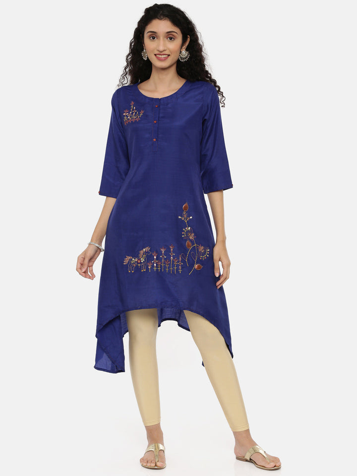 Neerus Blue Chanderi embellished high-low kurta - front view