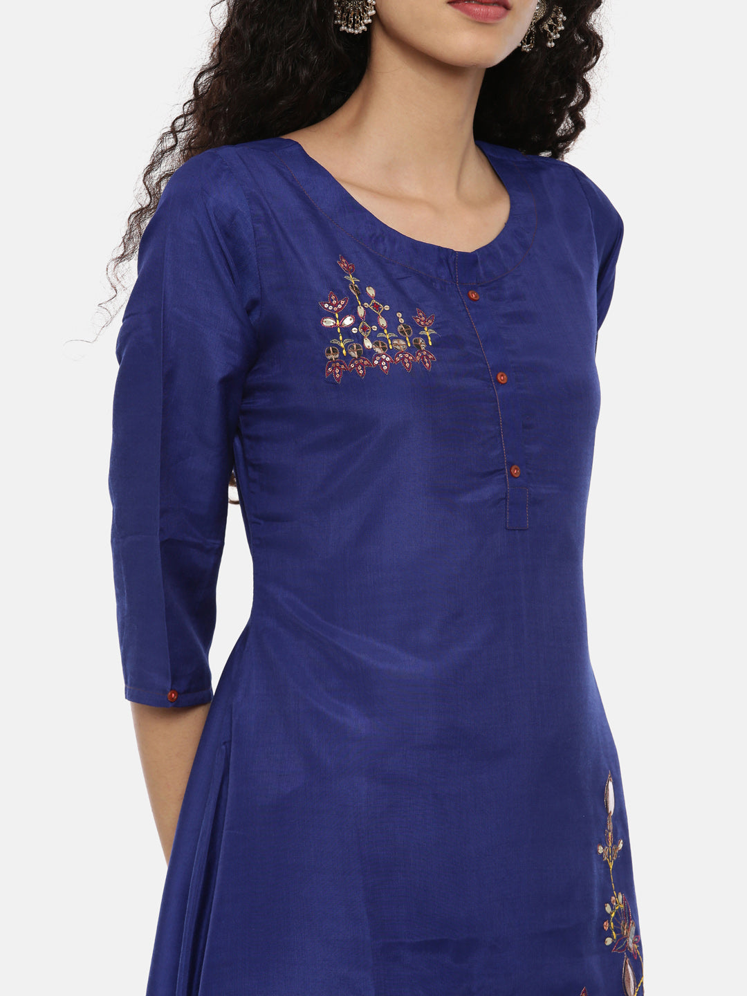Neerus Blue Chanderi embellished high-low kurta - back view