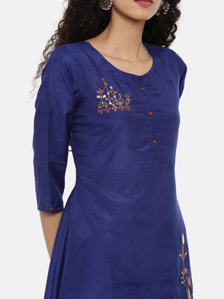 Neerus Blue Chanderi embellished high-low kurta - back view