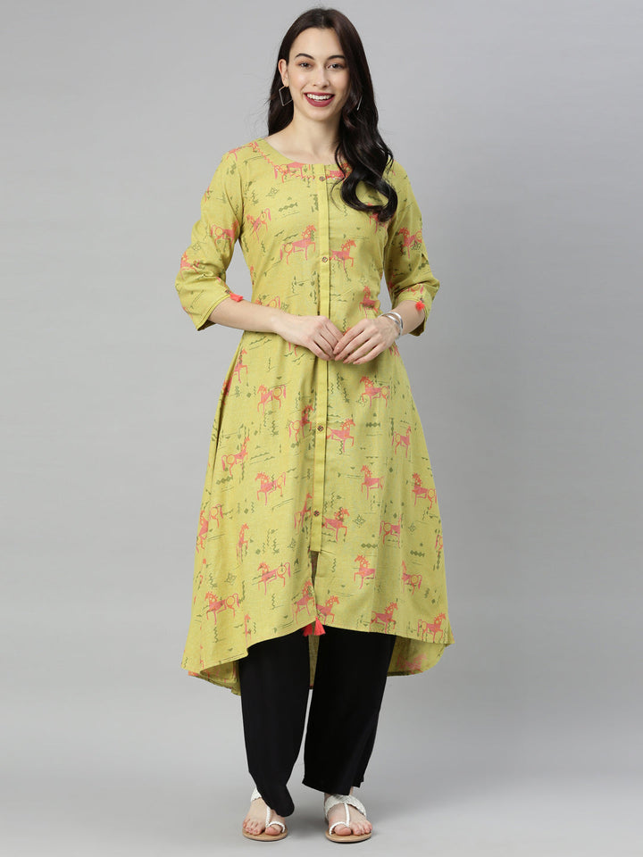 Neerus Green printed high-low kurta - front view