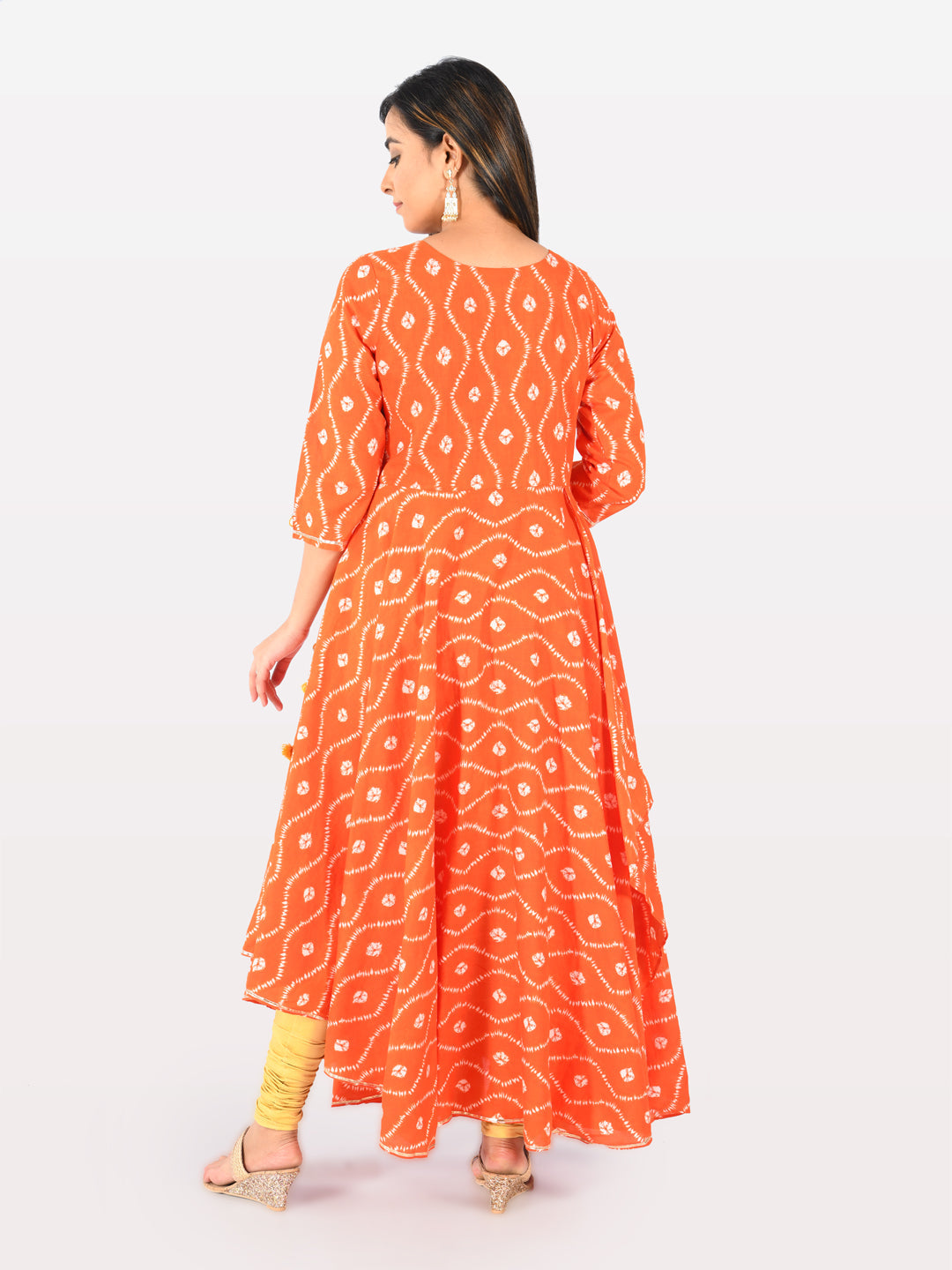Neerus Orange cotton printed high-low kurta - back view
