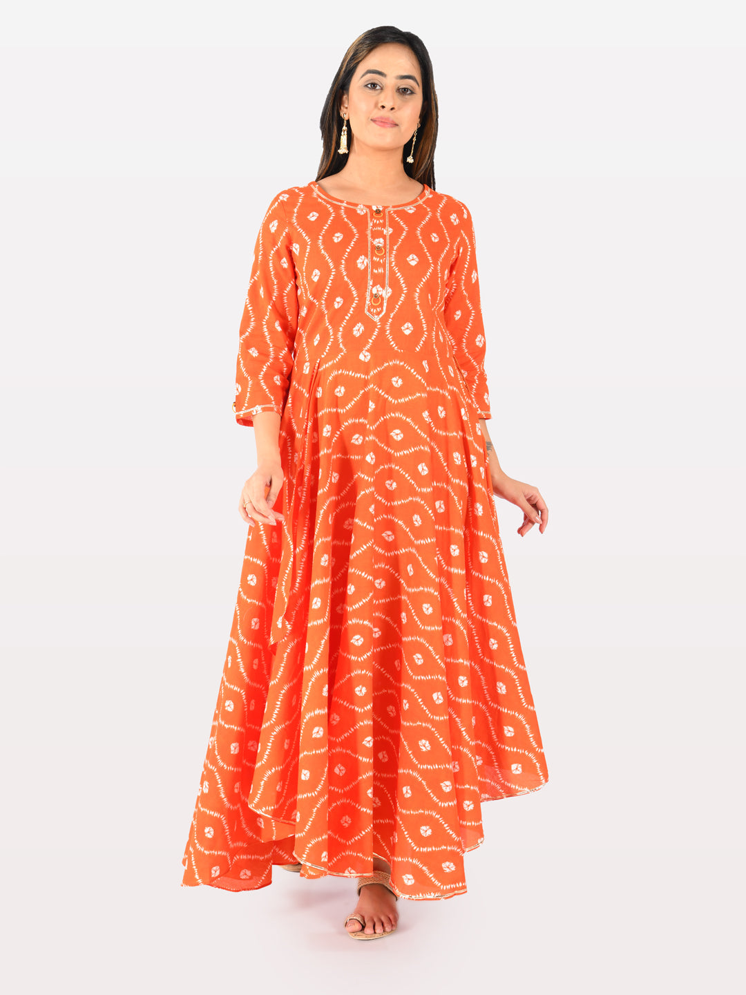 Neerus Orange cotton printed high-low kurta - side view