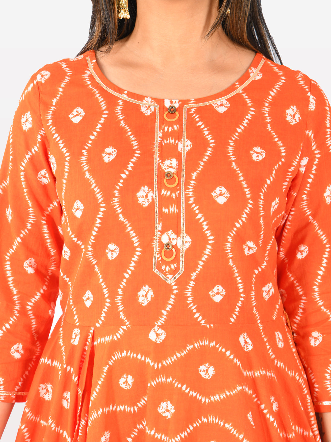 Neerus Orange cotton printed high-low kurta - detail view 1