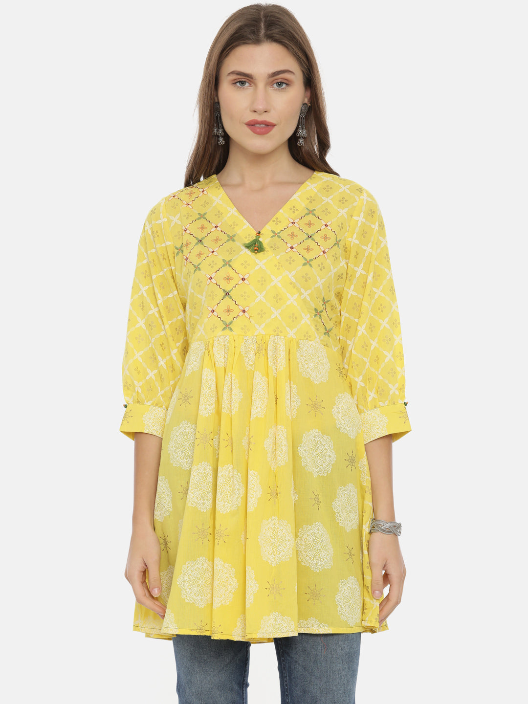 Neerus Yellow cotton printed flared kurta - back view