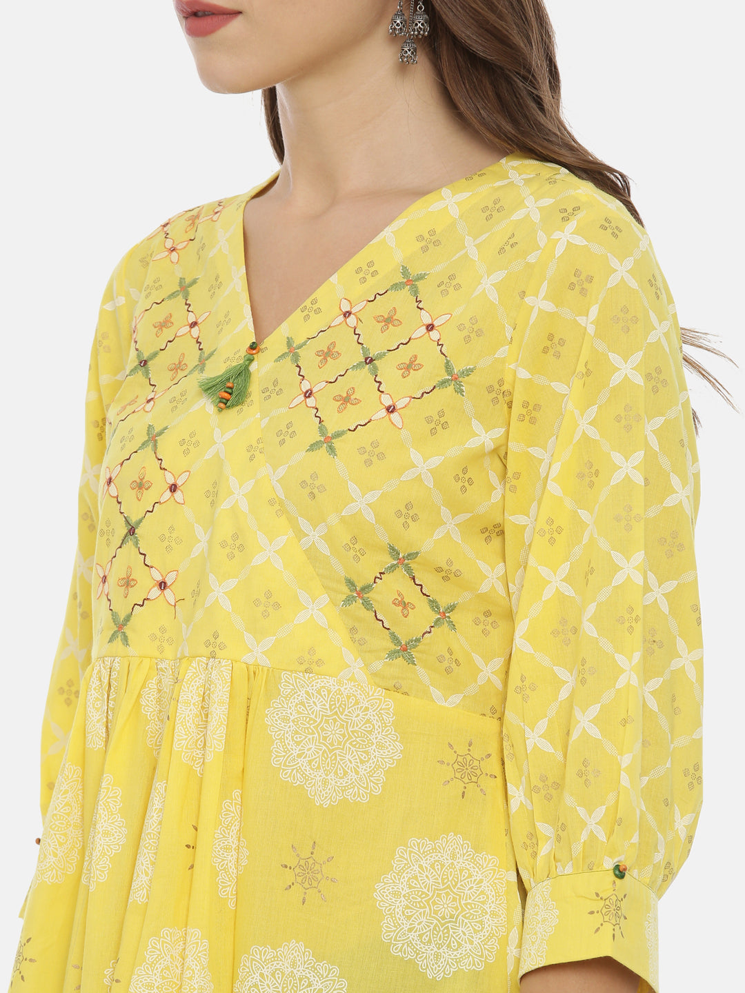 Neerus Yellow cotton printed flared kurta - side view